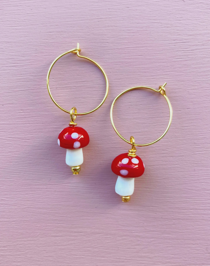 Fun Guys! Murano Glass Mushroom Hoops Red/Gold