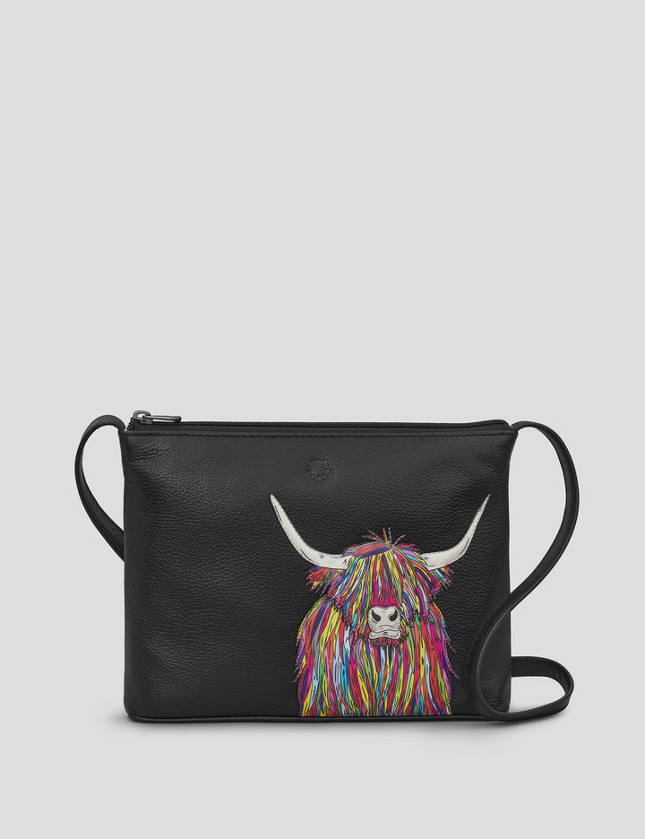 Black Rainbow Highland Cow Cross Body Bag