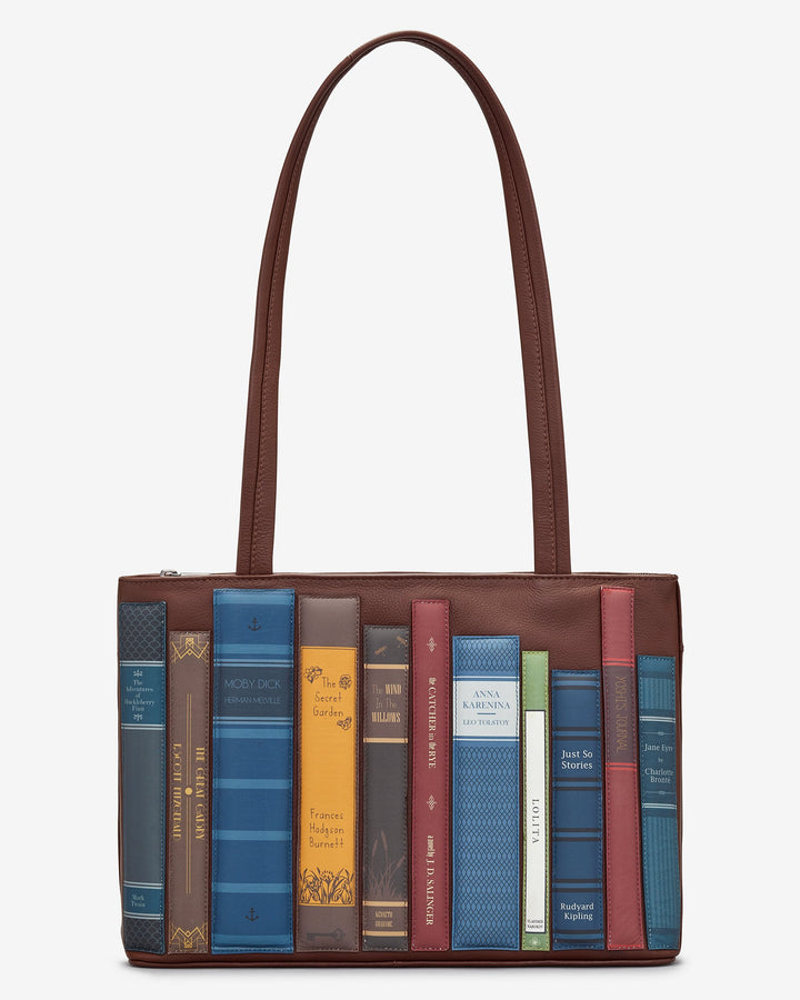 Bookworm Brown Leather Library Books Shoulder Bag