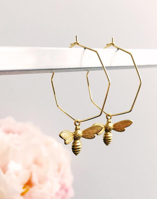 Geometric Gold Plate Bee Hoop Earrings