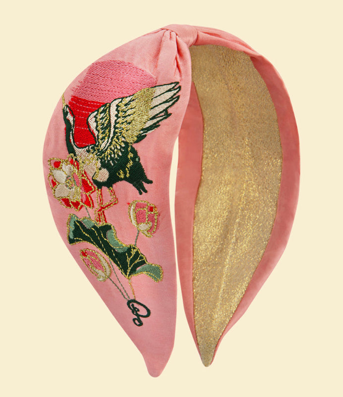 Powder Designs Satin Embroidered Headband - Crane at Sunrise in Petal