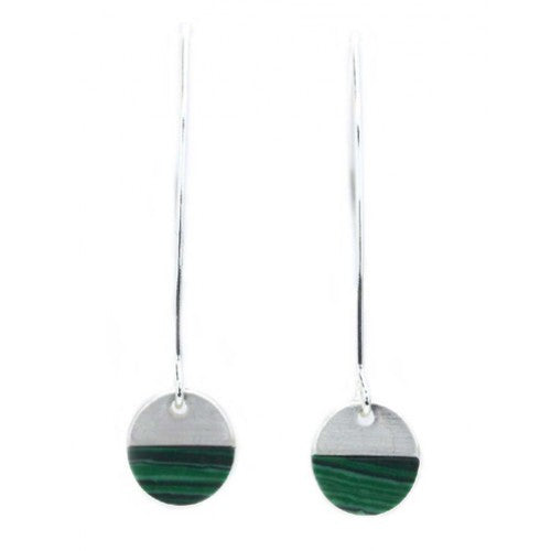 Small Round Brushed Metal Drop Earrings Silver Green