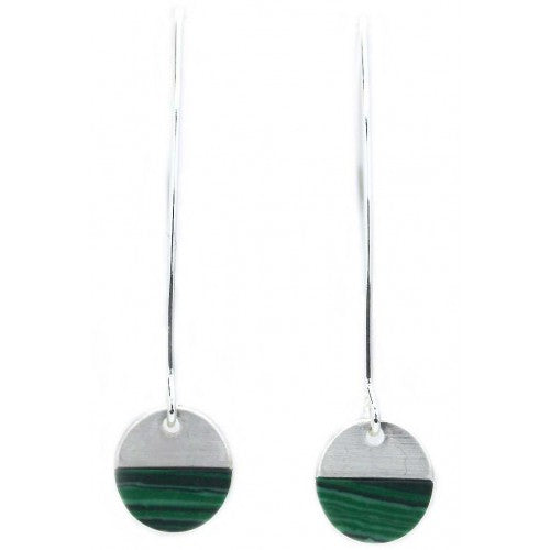 Stone Brushed Metal Hoop Earrings Silver Green