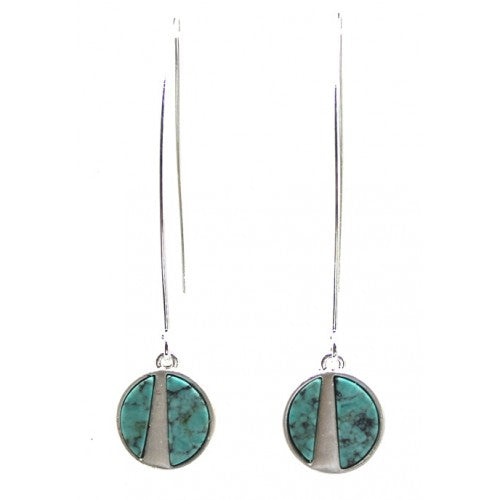 Small Round Brushed Metal Drop Earrings Silver Turquoise
