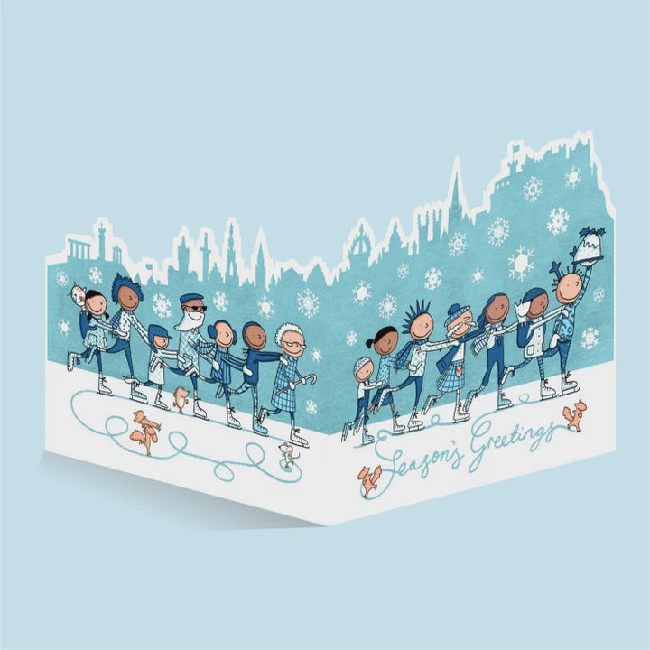 Edinburgh Skyline Blue Skaters Die Cut Christmas Card