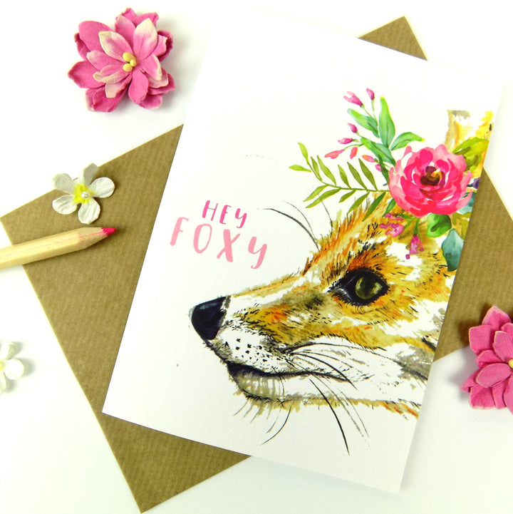 Hey Foxy Watercolour Fox Boho Floral Greeting Card