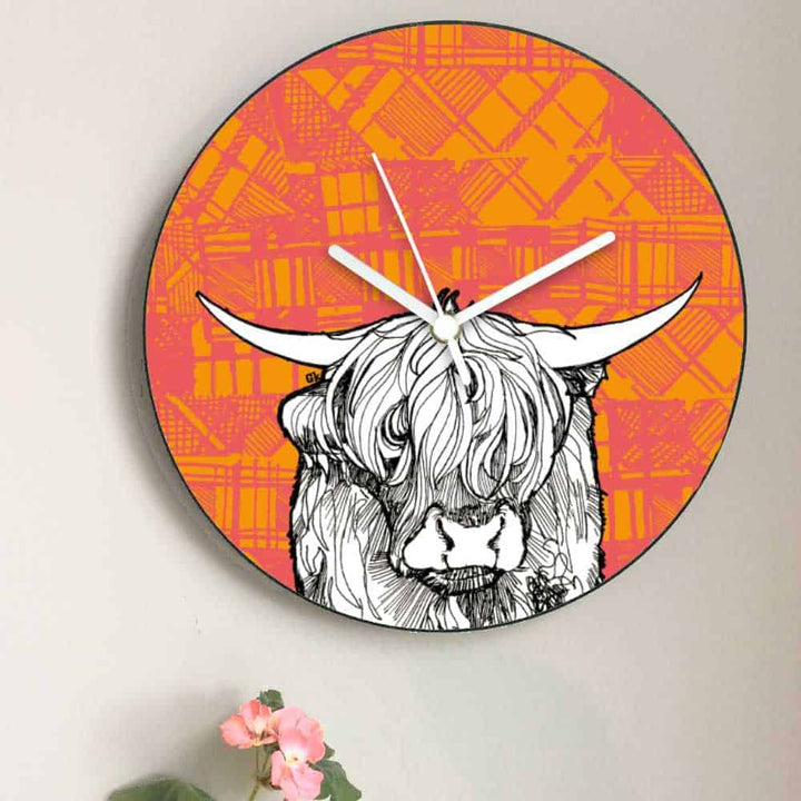 Tartan Highland Cow Print Scottish Wall Clock