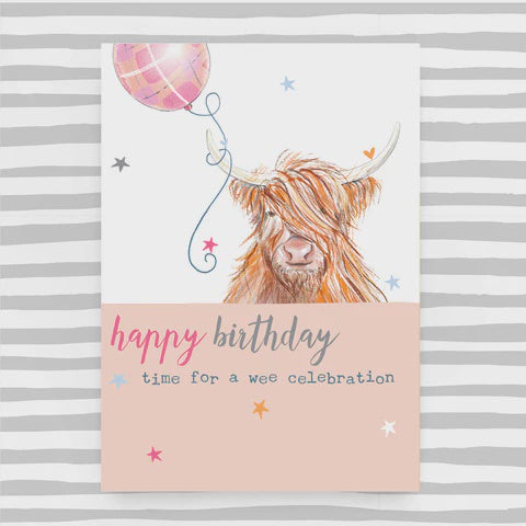 Wee Celebration Highland Coo Balloons Birthday Card
