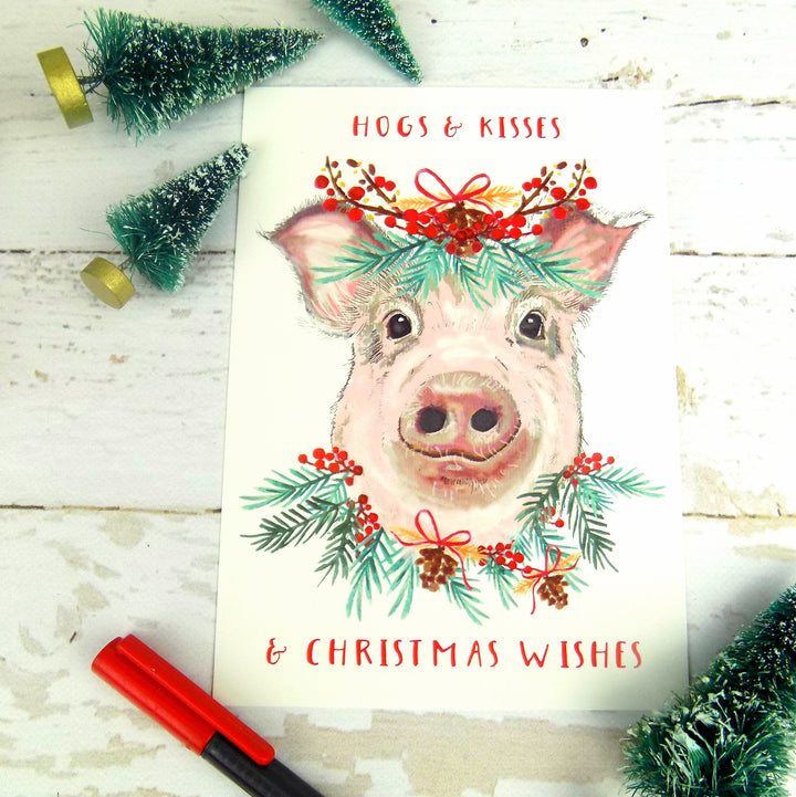Hogs & Kisses & Christmas Wishes postcard