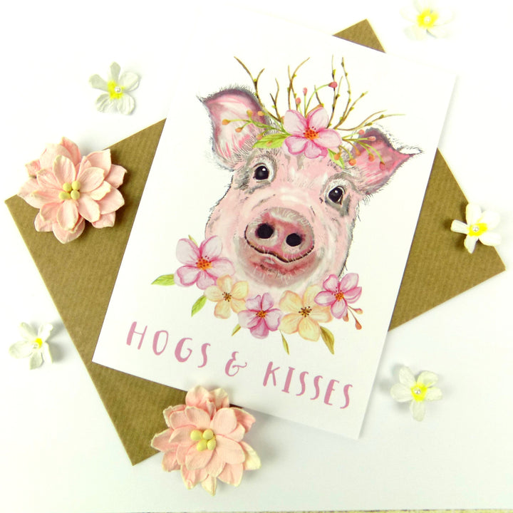 Hogs & Kisses Cute Watercolour Floral Pig Greeting Card