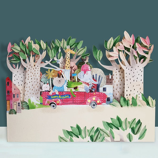 Party Animals in Car Cut Out Kids Birthday Card
