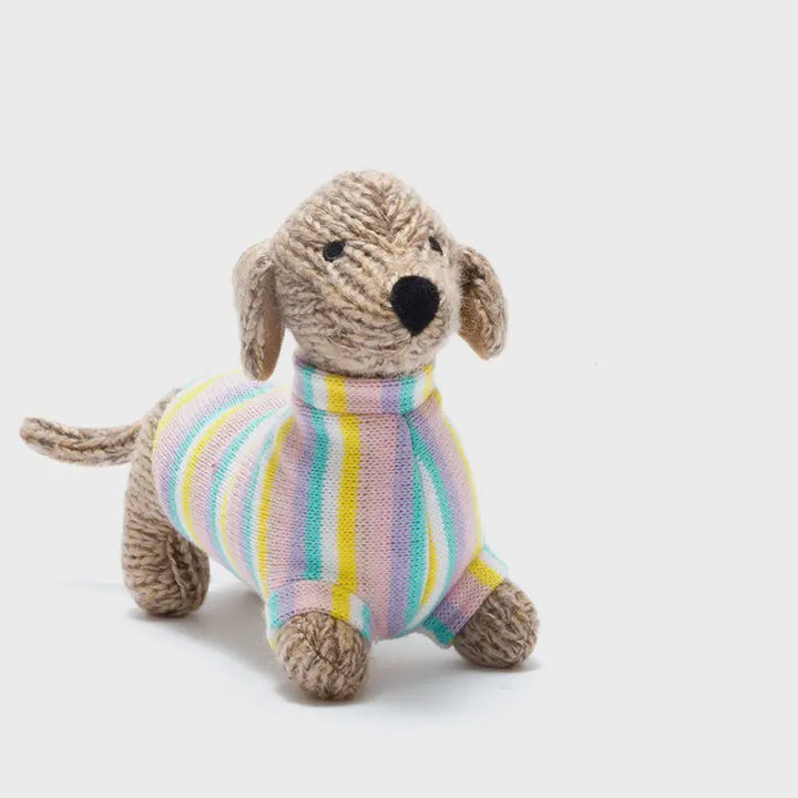 KNITTED PASTEL SAUSAGE DOG SOFT TOY