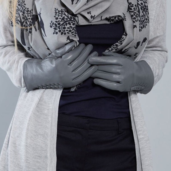 Grey Leather Button Gloves
