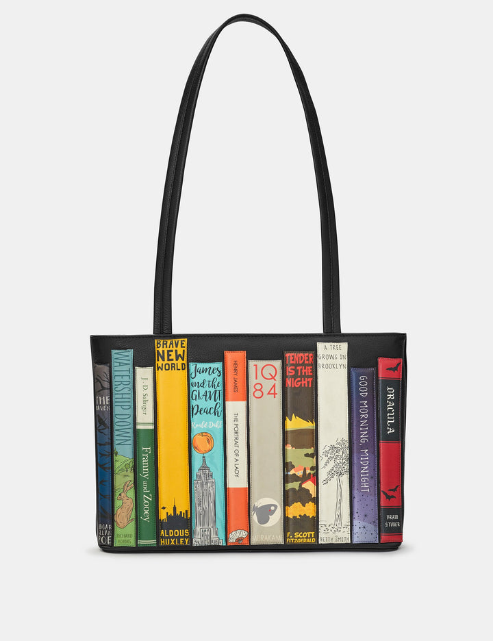 Bookworm Black Leather Library Books Shoulder Bag