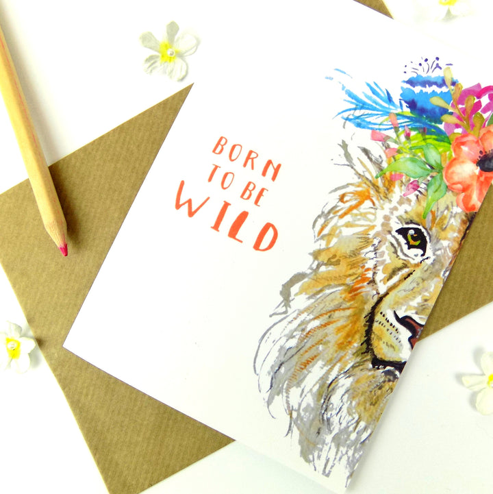 Born To Be Wild Watercolour Lion Boho Floral Greeting Card