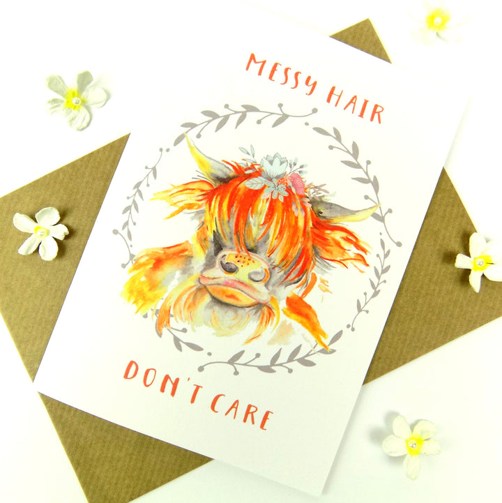 Messy Hair Don't Care Highland Cow Greeting Card