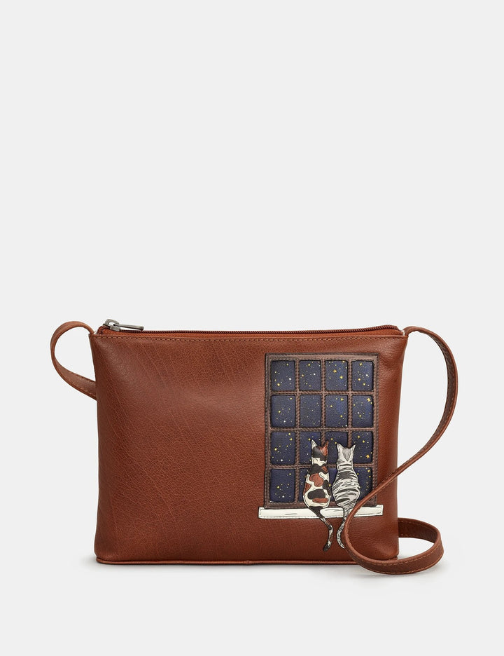 MIDNIGHT CATS BROWN LEATHER CROSS BODY BAG