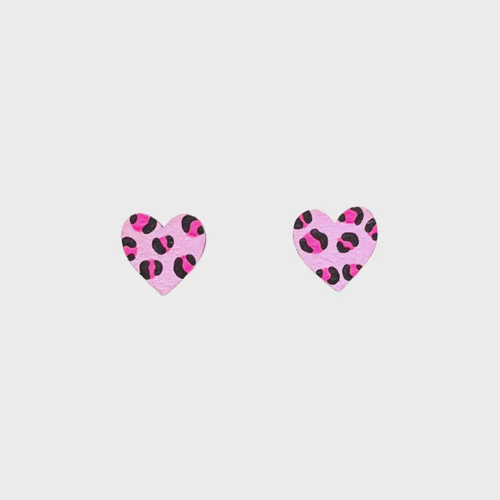 Mini Neon Pink Leopard Print Heart Hand Painted Eco Earring