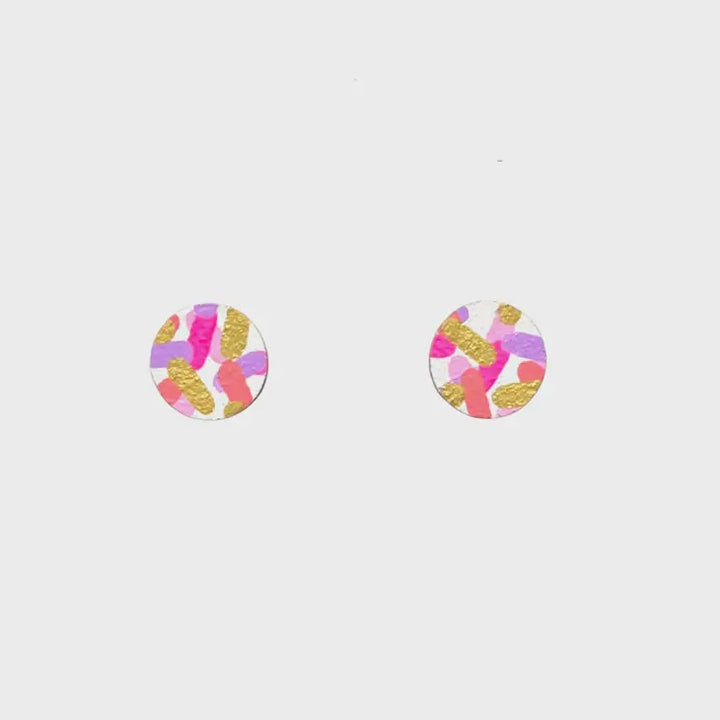 Mini Pink Circle Confetti Studs Hand Painted Wooden Earrings