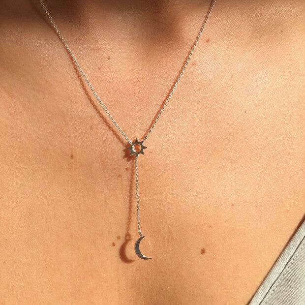 Moon and Sun Lariat Necklace in Silver