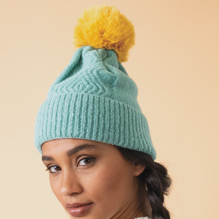 Ingrid Bobble Hat Aqua And Mustard