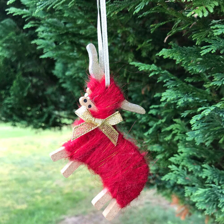 Christmas Highland Coo Hanging Decoration Red