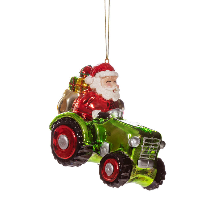 SANTA ON A TRACTOR SHAPED BAUBLE