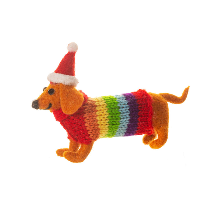 Felt Sausage Dog With Rainbow Jumper Decoration
