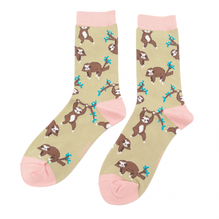 Cute Sloths Ladies Socks Moss Green