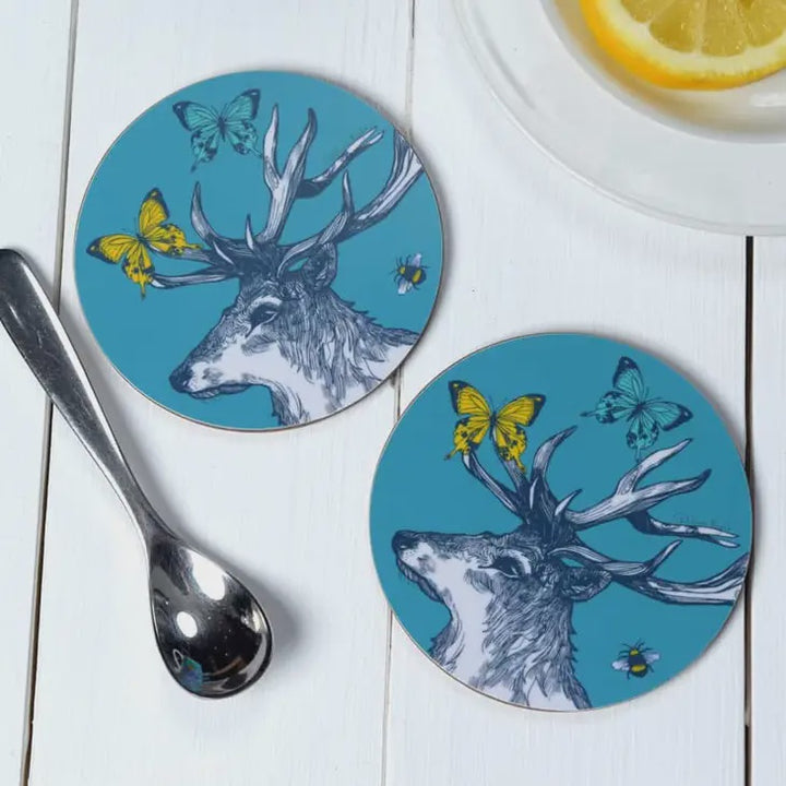 Stag, Butterflies & Bees Set of 2 Coasters