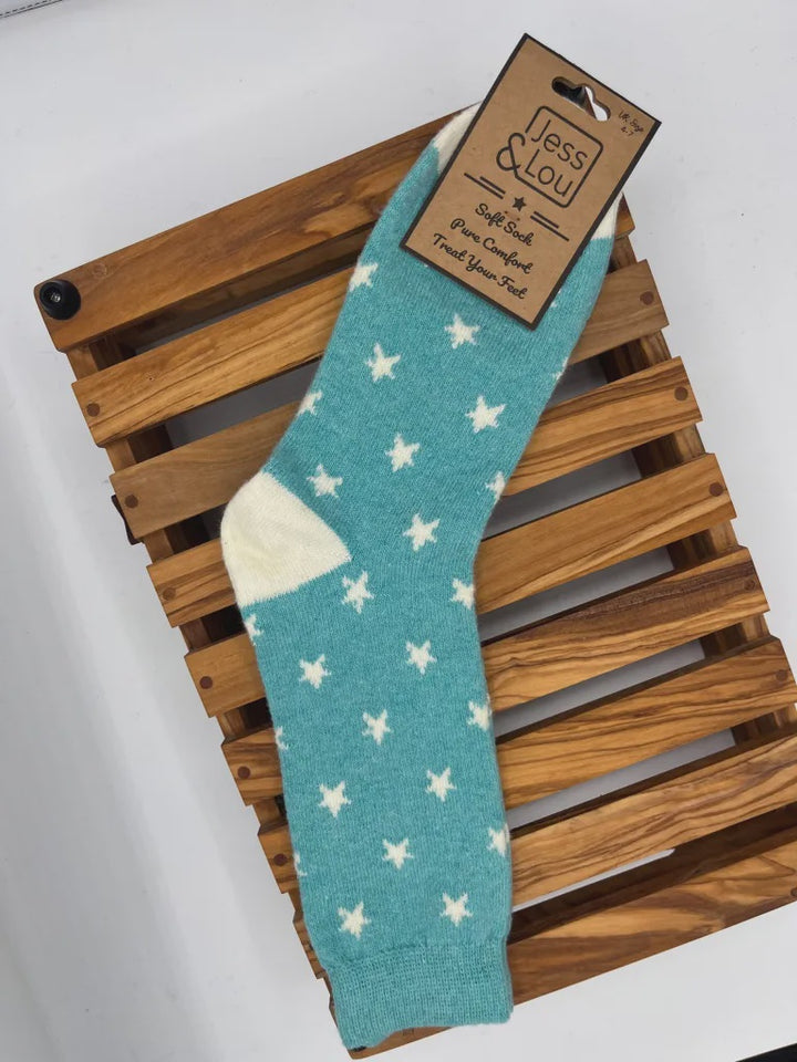 Soft Rib Turquoise White Star Socks