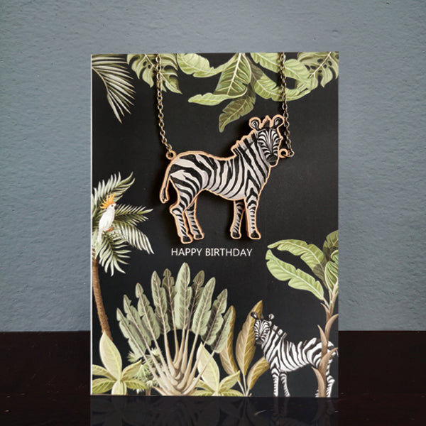 Zebra Birthday Card & Wooden Necklace
