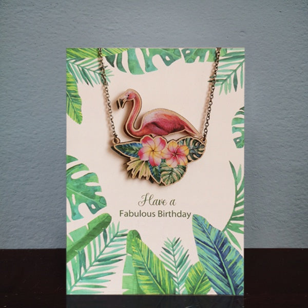 Flamingo Birthday Card & Wooden Necklace