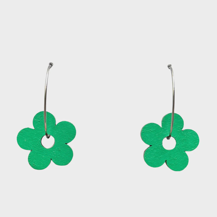 Green Wooden Flower Hoop Earrings